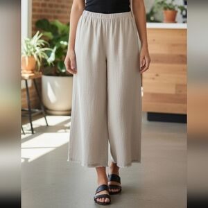 Eileen Fisher 100% Organic Linen Wide Leg Crop Pants Natural Frayed Hem Size XL